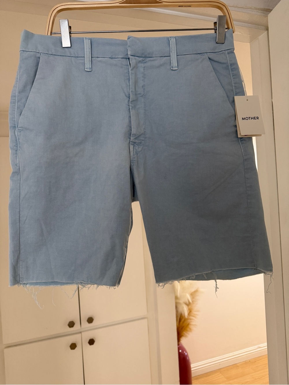 NWT MOTHER The Shaker Prep Short Fray Light Blue Flat Front Shorts